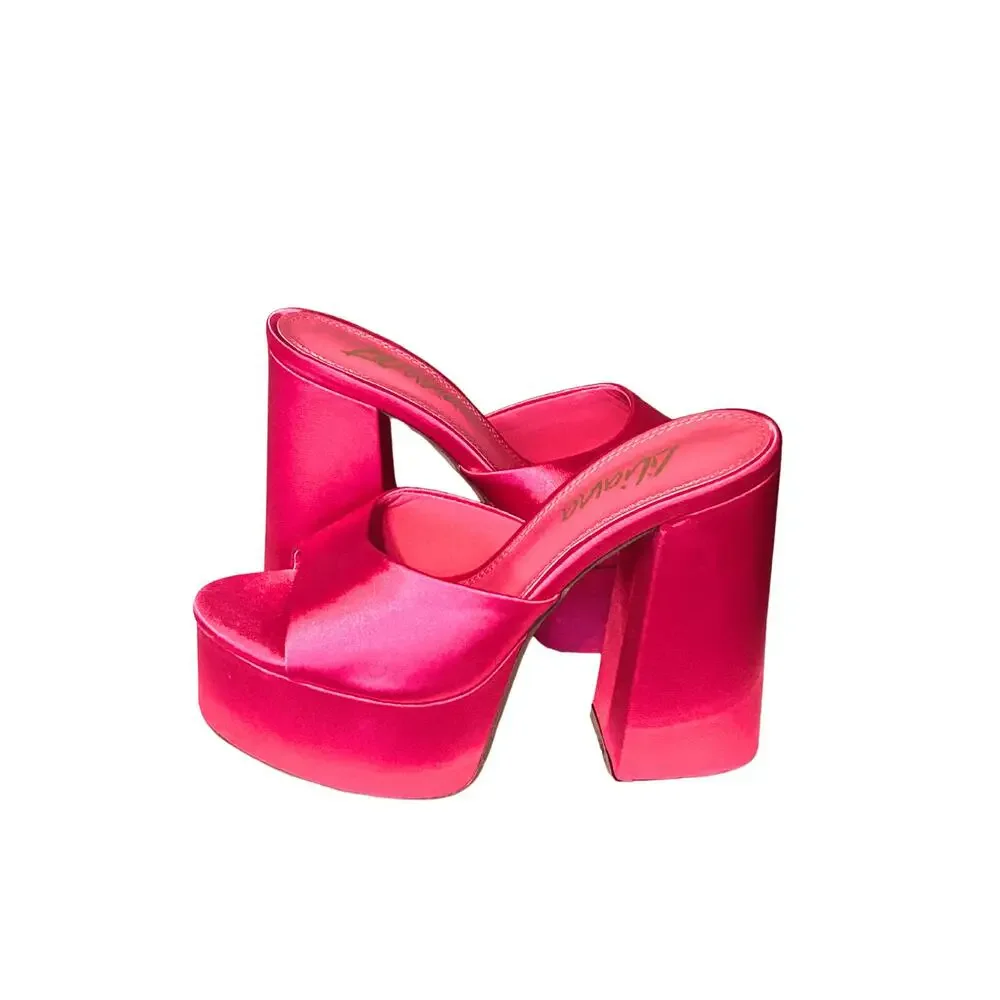 Barb Babe Pink Satin Mule 4.5 Inch Chunky Heel With Convenient Slip-On Style